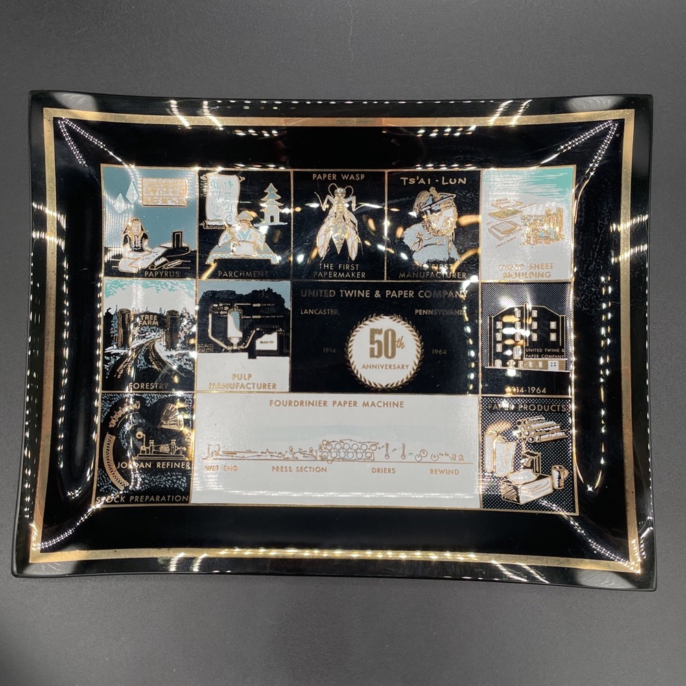 Vintage 1964 United Twine And Paper Co.  Trinket Tray Paper Making History Motif